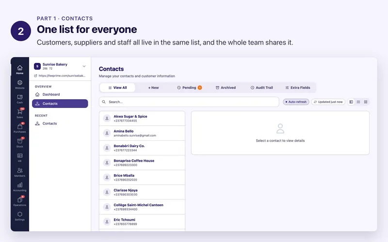 Step 2 of 17. One list for everyone. Customers, suppliers and staff all live in the same list, and the whole team shares it.