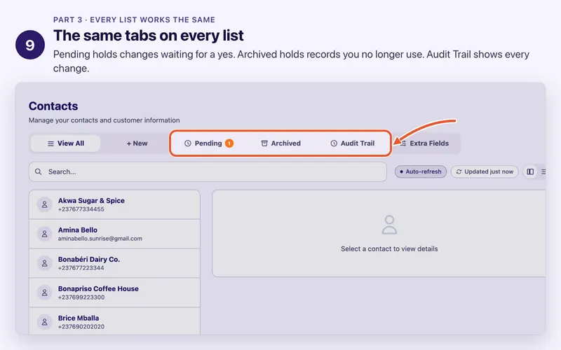 Step 9 of 17. The same tabs on every list. Pending holds changes waiting for a yes. Archived holds records you no longer use. Audit Trail shows every change.
