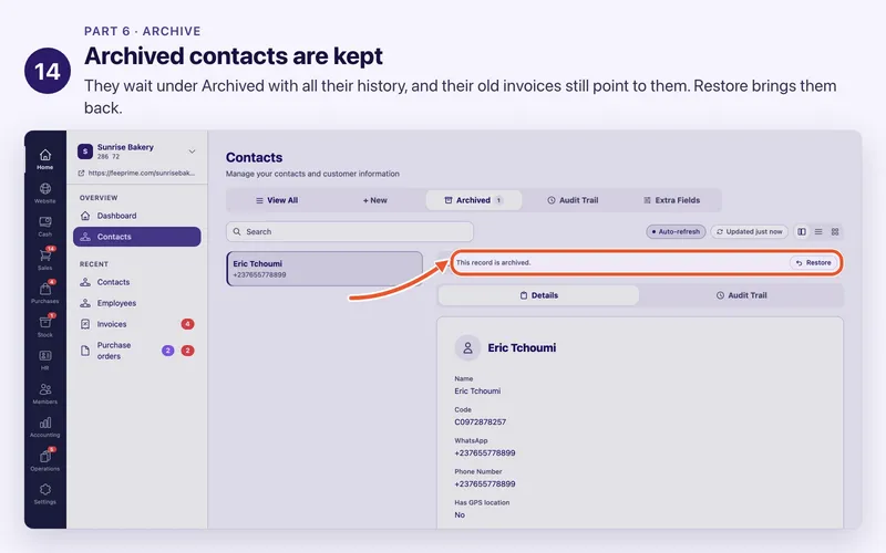 Step 14 of 17. Archived contacts are kept. They wait under Archived with all their history, and their old invoices still point to them. Restore brings them back.
