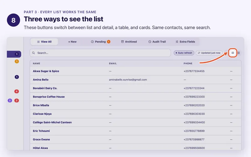 Step 8 of 17. Three ways to see the list. These buttons switch between list and detail, a table, and cards. Same contacts, same search.