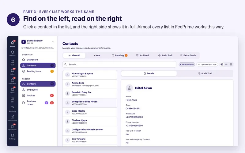 Step 6 of 17. Find on the left, read on the right. Click a contact in the list, and the right side shows it in full. Almost every list in FeePrime works this way.