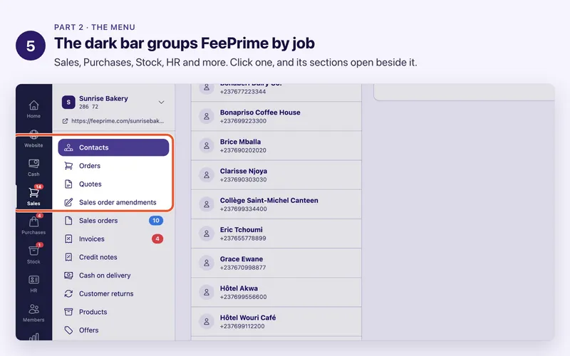 Step 5 of 17. The dark bar groups FeePrime by job. Sales, Purchases, Stock, HR and more. Click one, and its sections open beside it.